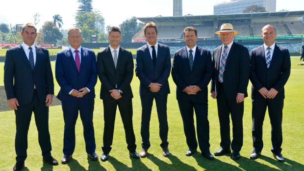 Nine's cricket commentary team at the WACA earlier this year: (from left) Shane Warne, Ian Healy, Michael Clarke, Mark Nicholas, Mark Taylor, Ian Chappell, Michael Slater.
