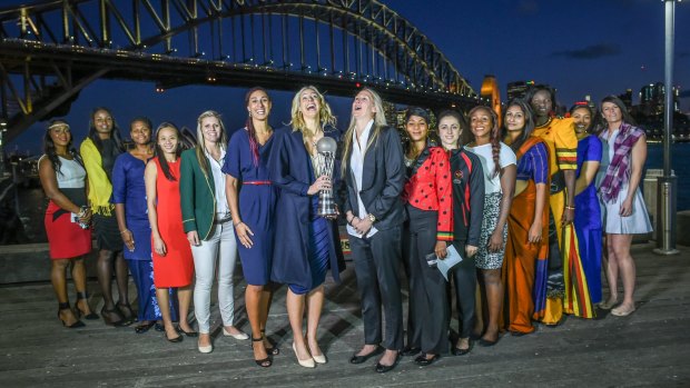 Diamonds captain Laura Geitz with other captains of teams involved in Netball World Cup 2015.