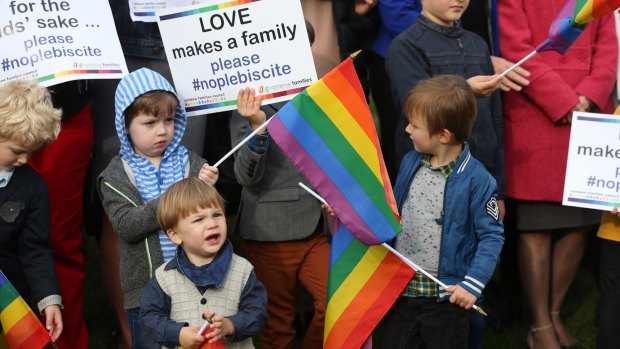 Rainbow Families opposed to a plebiscite on same sex marriage outside Parliament House in Canberra in September 2016.