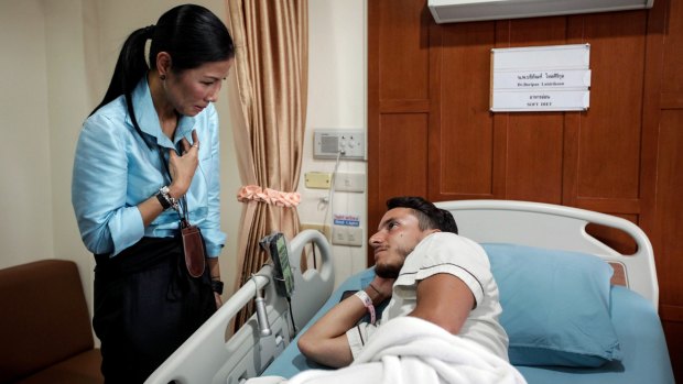 Thai Tourism Minister Kobkarn Wattanavrangkul visits Italian tourist Lorenzo Minuti, who was injured in a bomb blast, at Sanpaulo hospital in Hua Hin, Thailand.  