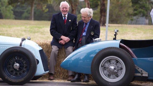 Former GP drivers Neil Charge and Graham Hoinville pictured at Albert Park in 2012.