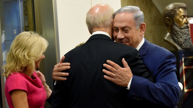 Israeli Prime Minister Benjamin Netanyahu greets US Vice-President Joe Biden upon his arrival in Jerusalem on Wednesday.