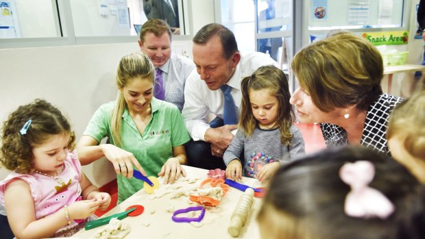 Tony Abbott and his wife, Margie, at the Little Pines Childcare Centre in Russell Lea .