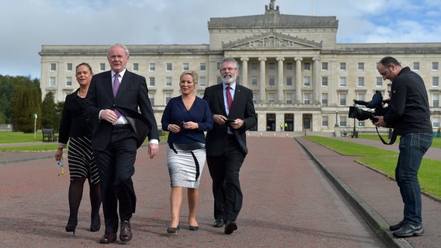 The Sinn Fein delegation at Stormont, Belfast, on Monday. Martin McGuinness and Gerry Adams have cultivated an image as international statesmen that is now at risk.