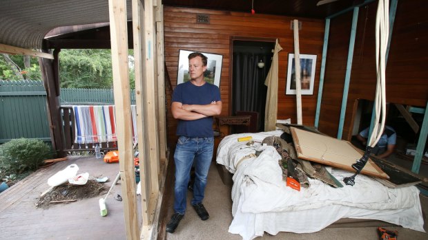 Wrecked: Jeremy Park in the bedroom where his family would have been sleeping if not for Leo's injury. 
