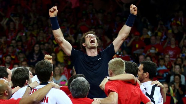 Andy Murray celebrates after clinching the Davis Cup.