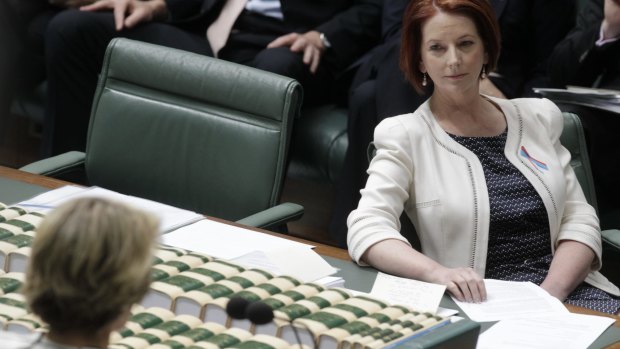 Former prime minister Julia Gillard is questioned by then deputy opposition leader Julie Bishop during question time in 2012.