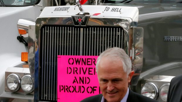 Prime Minister Malcolm Turnbull addresses the truckies rally at Exhibition Park in Canberra.