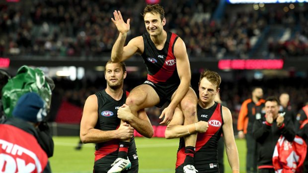 Signing off: Jobe Watson farewells fans after the win over Fremantle.