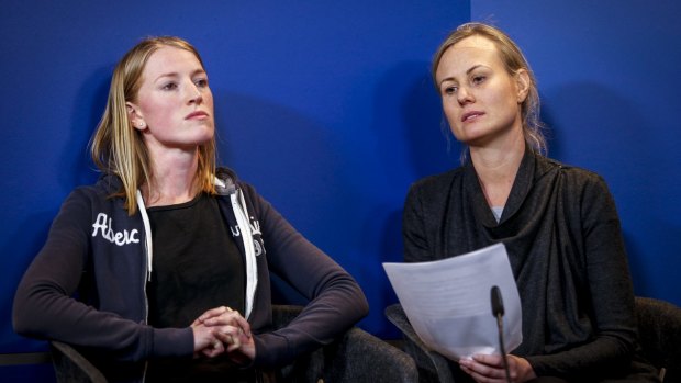 Shannon (left) and her sister Belinda speak to the media on Wednesday.