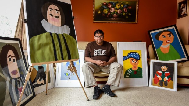 Patrick Francis, an award-winning artist, sportsman and autism ambassador, surrounded by his paintings at his family's Essendon home.