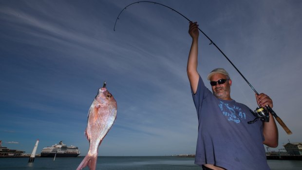Hooked on fishing: Steve shows off his pinky catch at Princes Pier. 