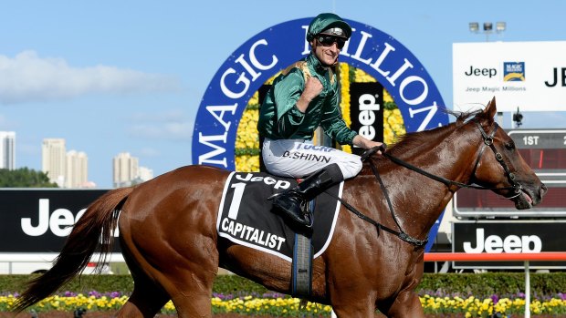 Magic day: Blake Shinn celebrates after riding Capitalist to victory in the Magic Millions Classic.