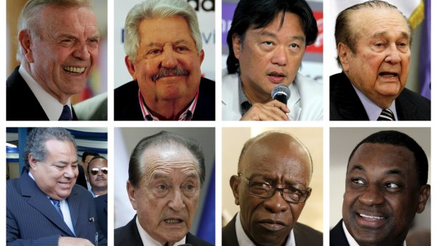A combination photo shows eight of the nine football officials indicted for corruption charges. From L-R: (top row) then President of the Brazilian Football Confederation Jose Maria Marin, President of the Venezuelan Football Federation Rafael Esquivel, President of Costa Rica's Football Federation Eduardo Li, then President of South American Football Confederation CONMEBOL Nicolas Leoz, (bottom row) then President of the Nicaraguan Football Federation Julio Rocha, then Acting President of CONMEBOL Eugenio Figueredo, then FIFA Executive member Jack Warner, and President of Confederation of North, Central America and Caribbean Association Football CONCACAF Jeffery Webb.