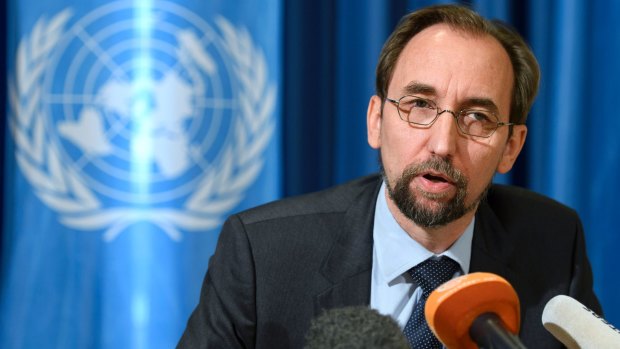 UN High Commissioner for Human Rights, Zeid Ra'ad Al Hussein of Jordan, speaks to the media.