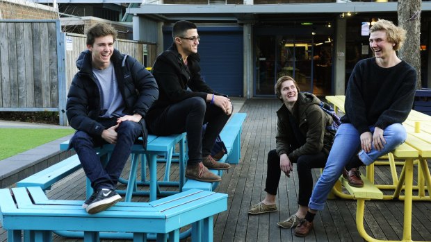 First year university students Nicol Brodie,18 Nishanth Pathy,18, Liam Rankine,18 and Fergus Little, 19 are among the high number of iGeneration who call the ANU campus in Acton home.
