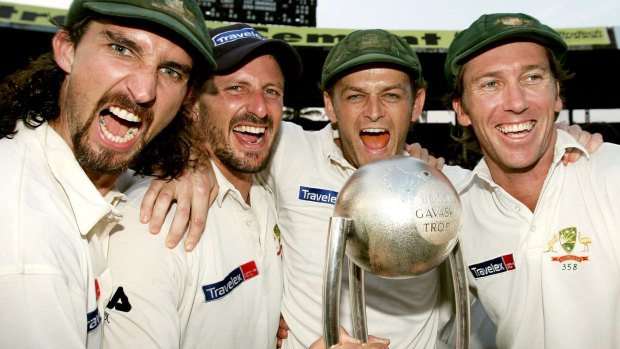 Dizzy heights: Jason Gillespie, Michael Kasprowicz, Adam Gilchrist and Glenn McGrath celebrate their series win in India in 2004.