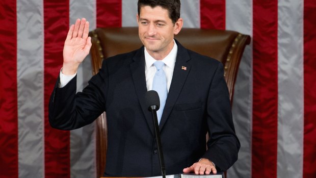 Newly elected US House Speaker Paul Ryan takes the oath of office. 
