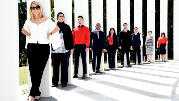 Australian fashion designer Carla Zampatti with her newly designed uniforms for Westpac staff.