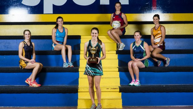 Representatives from each of the ACT Netball teams (from left) Tennille Jorgensen (South Canberra), Bec Collis (Canberra), Arawang captain Tess Pennell, Megan Clowry (Belconnen), Madelane White (Tuggeranong) and Jenna Spears (Queanbeyan).
