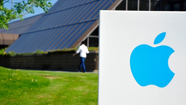 An Apple logo on a sign at Apple's campus in Cork, Ireland.