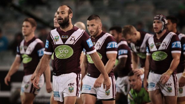 Not much joy: Brett Stewart and the Sea Eagles display the Coco Joy logo during the club's loss to Canberra on Friday night.