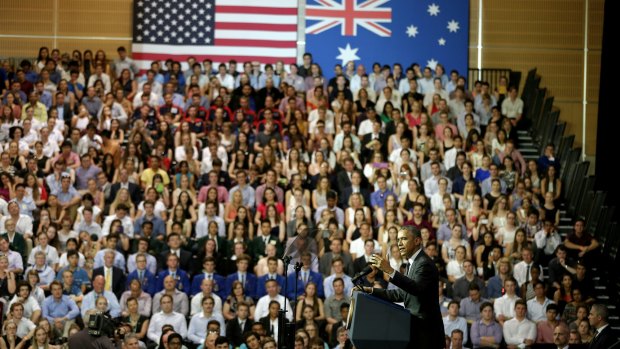 Students listen to US President Barack Obama at the University of Queensland.