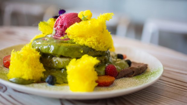 SUNHERALD. Auvers matcha pancakes served at Auvers in Rhodes. April 11, 2018. Photo: Dominic Lorrimer