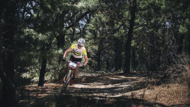 Canberra rider Daniel McConnell on his way to victory in the national mountain bike series at Stromlo on Saturday. 