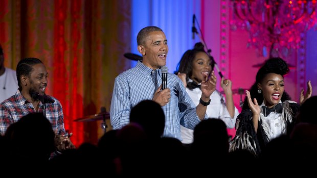 Obama, joined by Kendrick Lamar and Janelle Monae, sings "Happy Birthday" to his daughter Malia.