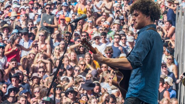 Vance Joy playing Riptide to a sea of fans at the Falls Music and Arts Festival in Lorne in 2014. 