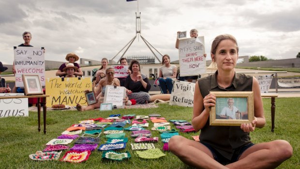 Suki Dorras-Walker has been outside Parliament House every day for a month in support for people on Manus Island. 