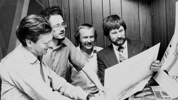 Mike Gibson, centre, with cartoonists John Jensen and Pat Oliphant,  and Acting Editor of the Sun, Derryn Hinch, 17 March 1976.
