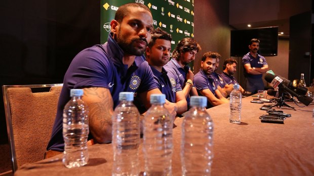 Shikhar Dhawan and other Indian cricketers speak to the media on Saturday. 