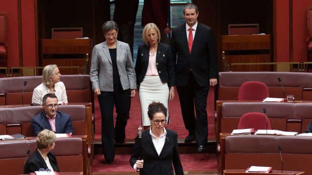 Katy Gallagher is sworn in as a new senator for the ACT in the Senate at Parliament House in Canberra on Thursday.