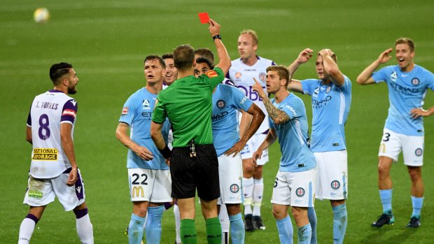 Melbourne City could not believe it when Osama Malik was red carded during their 3-1 loss to Glory.