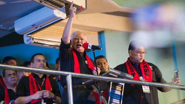 Malaysian Prime Minister Najib Razak speaks during the December 4 Kuala Lumpur rally for Rohingyas. 