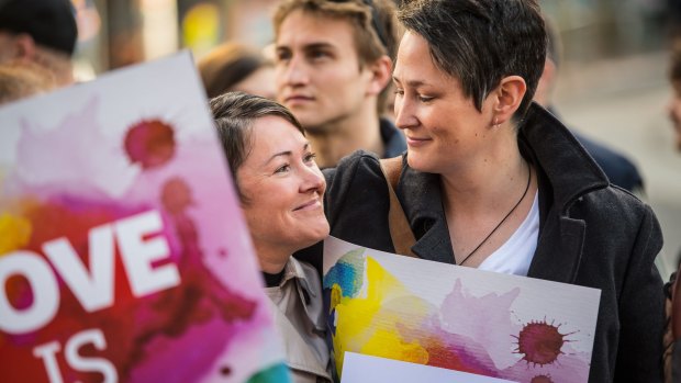 Trish and Christy Hackney-Westmore (recently legally married in NZ) at the marriage equality rally.