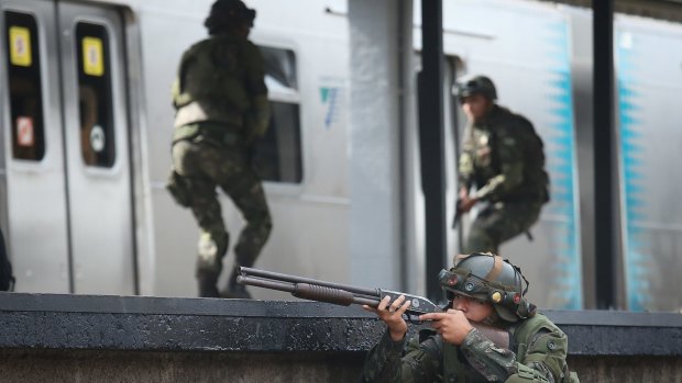 A Brazilian soldier during a counter-terrorism drill in Rio. 