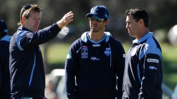 Coaching team: Then NSW coach Craig Bellamy (left) with Andrew Johns and Shane Flanagan in 2010.