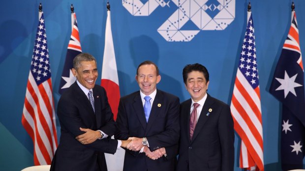 Prime Minister Tony Abbott with President of the United States Barack Obama and Japanese Prime Minister Shinzo Abe during a tri-lateral meeting at the G20 in Brisbane on Sunday 16 September 2014.