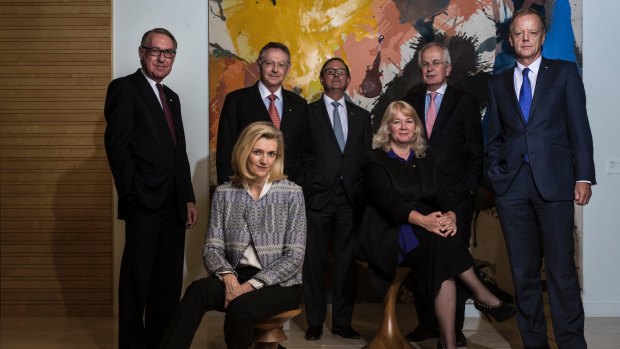 Senior investment bankers and corporate leaders (from left): David Gonski, Catherine Brenner, Steven Skala, Peter Mason, Audette Exel, Diccon Loxton and Peter Hunt posing to promote the pro bono initiative.