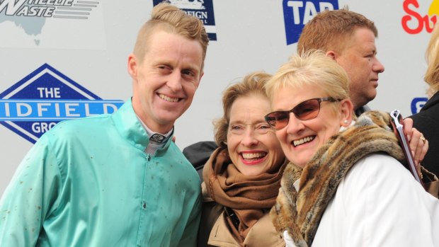 Trainer Gai Waterhouse poses with jockey Brad McLean after Valediction won the Brierly Steeplechase at Warrnambool on Tuesday.