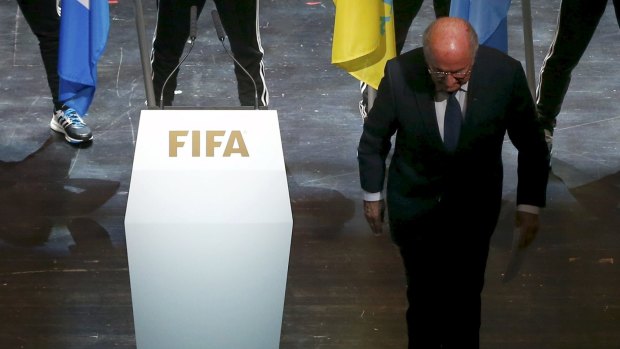 FIFA President Sepp Blatter leaves the stage after making a speech during the opening ceremony of the 65th FIFA Congress in Zurich.