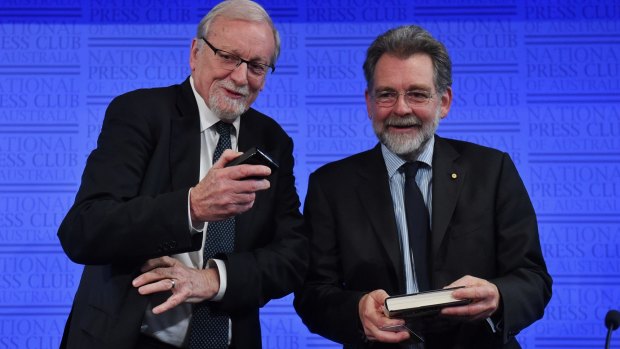 Professor for Strategic Studies Hugh White (right) and former minister for foreign affairs Gareth Evans at the National Press Club in Canberra.