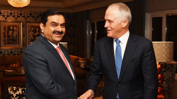 Adani Group founder and chairman Gautam Adani meets with Prime Minister Malcolm Turnbull in Delhi in April.