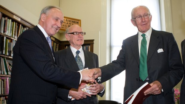 Paul Keating and Malcolm Fraser with author and historian John Hirst in 2009.
