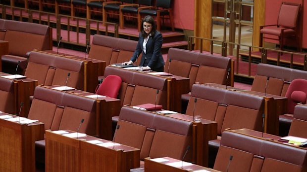 Senator Jane Hume speaks to a near-empty Senate at Parliament House in Canberra on Monday.