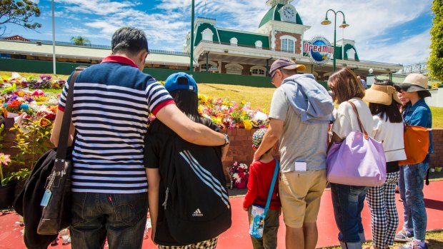 The makeshift memorial outside Dreamworld.