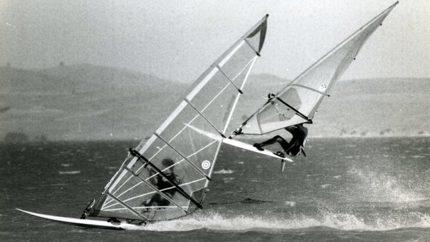Members of the Canberra Sailboard Club enjoy the windy conditions on Lake George in December 1993.
